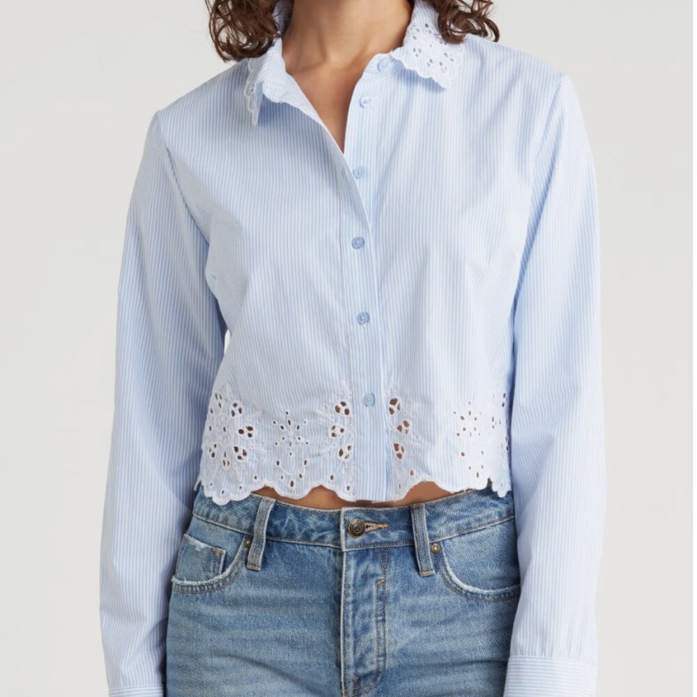 Habitual Light Blue Stripe Cropped Button-Down Shirt with Eyelet Trim